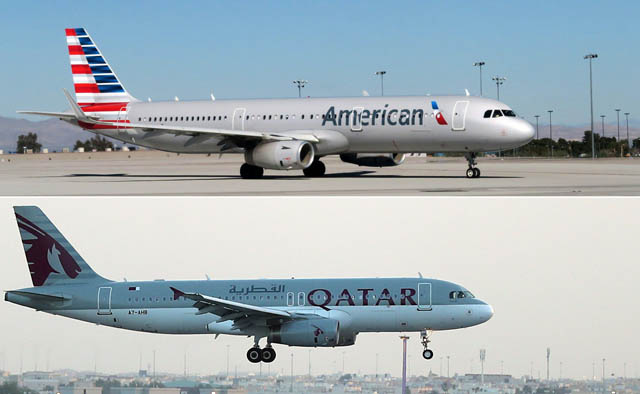 This combination of photos created on Thursday shows an American Airlines plane sitting on the tarmac of McCarran International Airport in Las Vegas, Nevada, on February 15, and file photo taken on June 12, showing a Qatar Airways plane landing at the Hamad International Airport in the Qatari capital Doha (AFP photo)